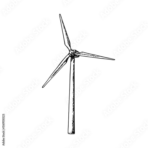 Wind turbine sketch illustration. Wind farm, wind power plant, wind park. Ecology, environment, clean energy, green technology, ecology, environment concept. Hand-drawn vector illustration, isolated