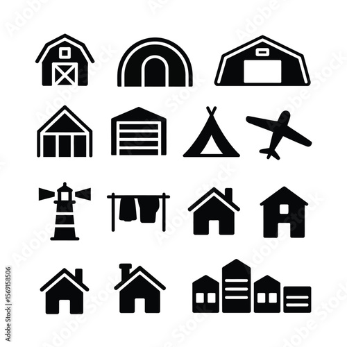 Black Icons of Buildings Structures and Transportation Elements