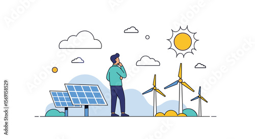 Person contemplates future of sustainable energy sources including solar panels and wind turbines powering a green planet