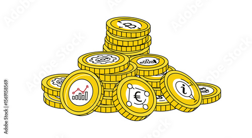 Illustration of a large pile of gold coins representing wealth and financial success in a simplified artistic style