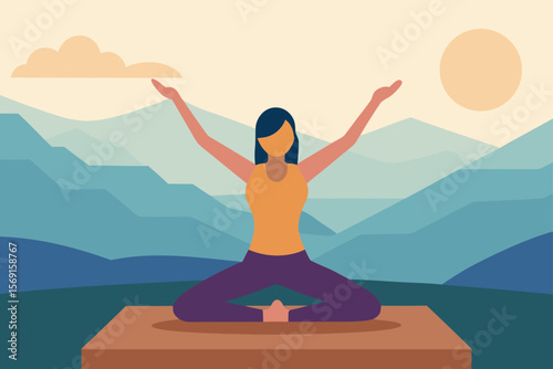 Woman meditating in a lotus pose, a beautiful silhouette against the mountain sun, perfect for illustrations about health, fitness, and relaxation