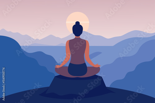 Silhouette of a woman meditating in a yoga lotus pose, symbolizing relaxation and spiritual peace