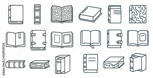 Collection of books with different sizes and shapes. Some of them are open, while others are closed. The books are arranged in a row, with some overlapping each other