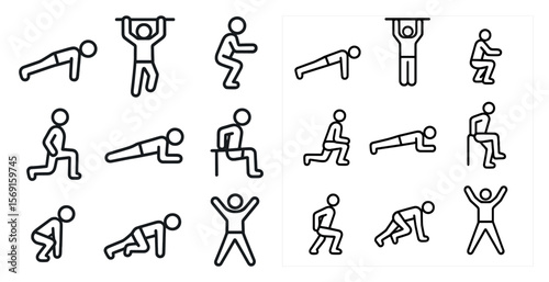 Series of black and white drawings of people doing various exercises. Scene is energetic and active