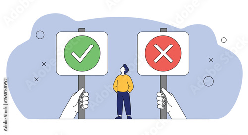 Making the Right Choice A Person Stands Between Two Signs One Showing a Green Checkmark and the Other a Red Cross for Decision Making