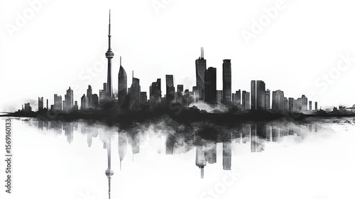 Black and White Cityscape with Reflection and Fog Effect