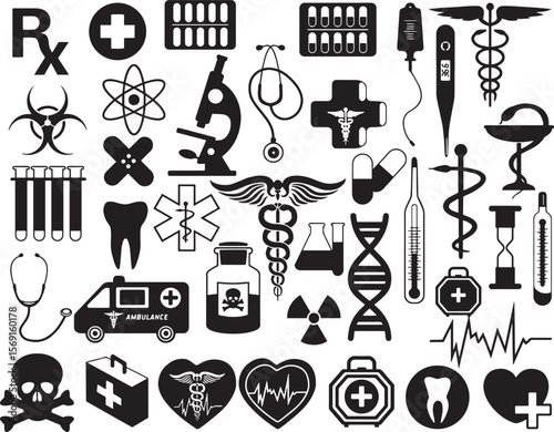 Hospital signage glyph Doctor Nurse Hospital Stethoscope Medicine Equipment Medical tools set collection pack black icon silhouette vector flat illustration design on white background