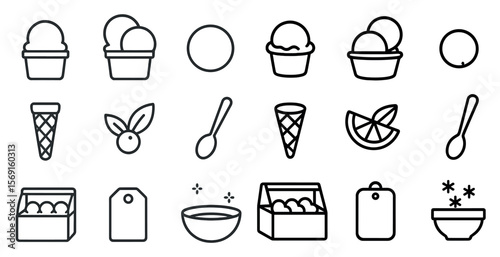 Series of food icons including bowls, spoons, cups, and ice cream cones. The icons are all in black and white