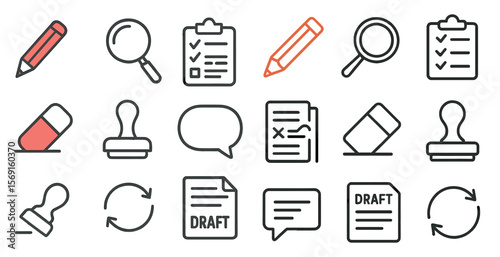 Set of icons for writing, drawing, and checking. The icons include a pencil, a pen, a clipboard, a magnifying glass, and a rubber stamp