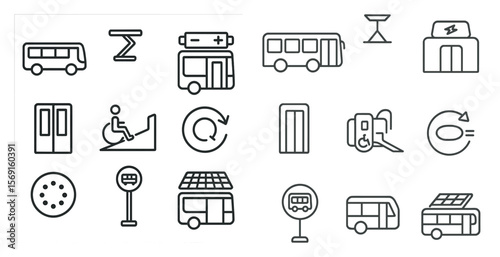 Collection of bus icons, including a bus with a wheelchair ramp, a bus with a sign that says "bus stop," and a bus with a sign that says "bus stop."