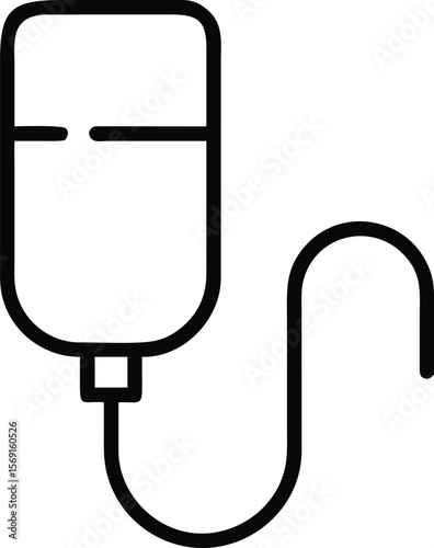 Simple outline icon of a medical iv drip bag with tubing and a drop symbol