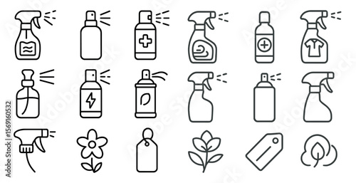 Set of spray bottles with a flower on the left and a tag on the right. The spray bottles are lined up in a row, with some of them having a spray nozzle on top
