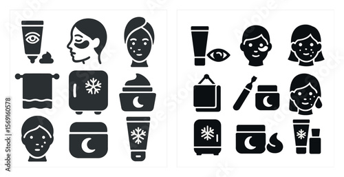 The image is of a collection of beauty and skincare products. The products include a bottle of lotion, a tube of lip balm, a jar of face cream, and a bottle of eye cream. The image is black