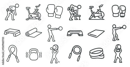 Series of fitness icons including a punching bag, a weight bench, and a yoga mat. The icons are arranged in a grid, with some overlapping and others standing alone. Scene is energetic and active