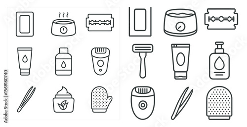 Set of icons for personal care items. The icons include a razor, a bottle of lotion, a bottle of shampoo, a bottle of conditioner, a bottle of soap, a bottle of shaving cream, a bottle of aftershave
