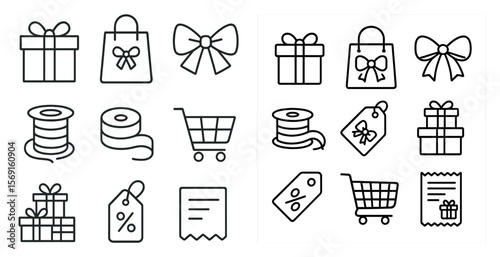 The image is a collection of various gift-related icons, including a shopping cart, a shopping bag, and a gift box. The icons are all in black and white, giving them a simple and elegant look