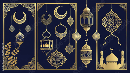 Ramadan Kareem Golden Decorations on Blue, Islamic Geometric Pattern Lanterns and Crescent Moons for Festive Celebrations