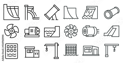 Collection of water-related symbols, such as a fan, a pump, and a water slide