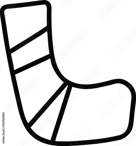 Simple black line drawing of a medical cast for a broken leg or ankle