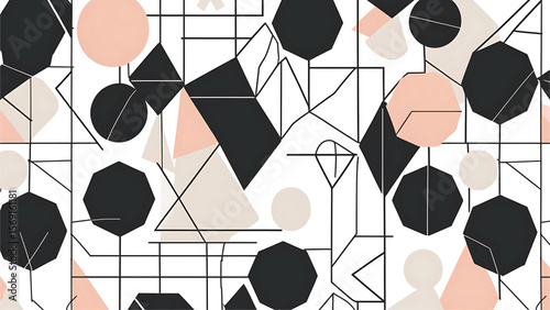 Geometric shapes in black, white, and pastel colors on a white background, A modern and abstract pattern featuring lines, circles, triangles, and octagons