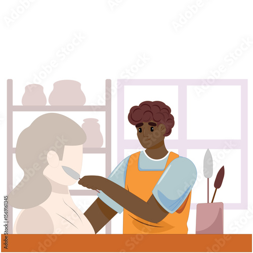 Male sculptor working on a statue, ceramics class, artistic process, handmade craft, flat character design