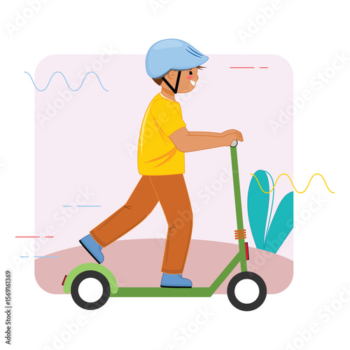 Kid on kick scooter, outdoor activity, summer fun, child playing, happy childhood, flat character design