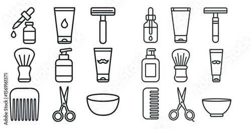 Set of grooming tools and products, including a comb, scissors, and a bottle of shampoo