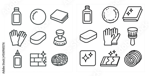 The image is a collection of various cleaning supplies and tools. The supplies include a bottle of dish soap, a bottle of glass cleaner, a bottle of all-purpose cleaner, a bottle of window cleaner