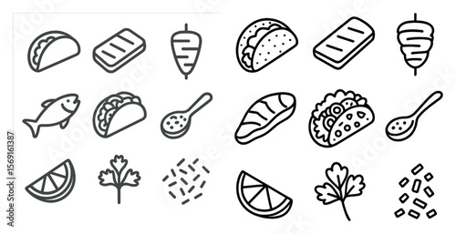 The image is a collection of food items, including fish, tacos, and a spoon. Scene is casual and relaxed, as it features a variety of foods that are commonly eaten in a laid-back setting