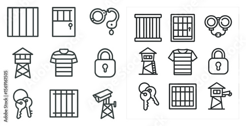 The image is a collection of various symbols and icons, including a key, a cell phone, a prison cell, a prison guard, a prison guard's hat, a prison guard's glasses, a prison guard's uniform, a prison