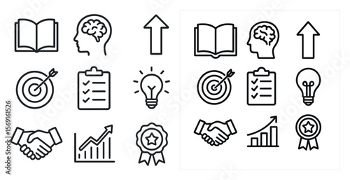 Set of icons that represent various concepts related to business and productivity. The icons include a book, a brain, a goal, a light bulb, a star, a book and a hand, among others