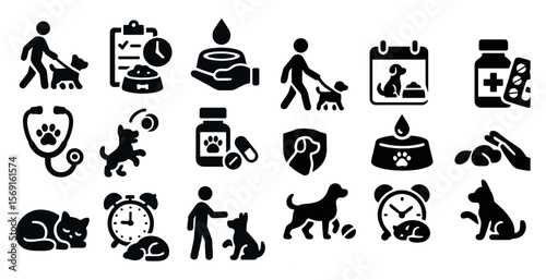Collection of dog-related icons, including a dog leash, a dog bed, a dog bowl, a dog collar, a dog leash, a dog's paw, a dog's head, a dog's tail, a dog's mouth, a