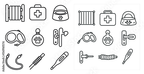 Set of medical and pet care icons. The icons include a stethoscope, a thermometer, a syringe, a dog leash, a dog collar, a dog crate, a dog carrier, a dog bowl, a dog toy