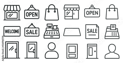 Collection of symbols representing a store, such as a sign that says "Welcome" and "Open."