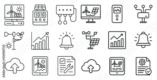 Set of icons for various technology and weather-related items. The icons include a bell, a computer, a tablet, a cloud, a windmill, a computer monitor, a keyboard, a mouse, a solar panel