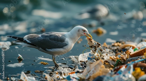 Wallpaper Mural A seagull scavenges through plastic waste on a polluted shoreline. Torontodigital.ca