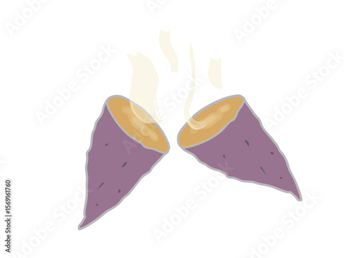Illustration of a steaming sweet potato being cut in half