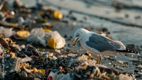 A seagull scavenges among beach litter, highlighting environmental pollution.