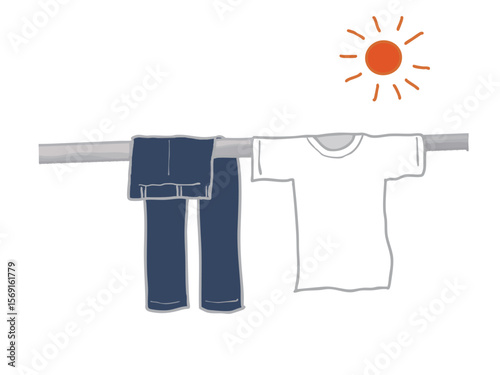 Illustration of the sun, T-shirts and jeans hanging out to dry