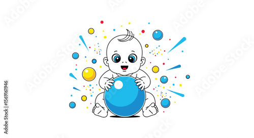 Joyful Baby Playing with a Large Blue Ball Surrounded by Colorful Confetti and Splashes of Water