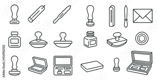 Collection of items that are related to writing and stationery. The items include pens, pencils, erasers, and envelopes