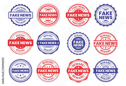 Fake news rubber stamp grunge red ink seal badge sign symbol dusty grainy effect fraud media propaganda misleading report disinformation false newspaper.