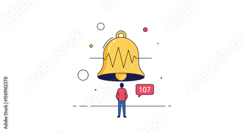 A man stands beneath a large ringing bell with a notification bubble floating beside him symbolizing alerts and updates