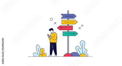 Man standing at crossroads looking at phone with multiple direction signs pointing different ways showing choice and confusion in decision making