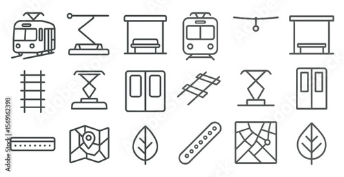 Collection of train and subway icons. The icons include a train, a bus, a subway, a train station, a bus stop, a train platform, a train car, a train car with a bed