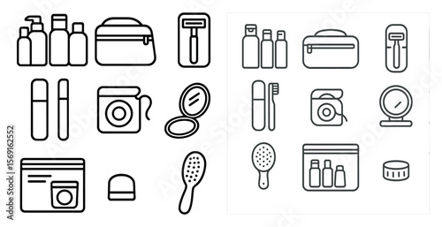 Collection of various items, including a camera, a toothbrush, and a bottle of lotion. The items are arranged in a way that suggests they are part of a travel kit or a personal care kit