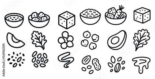 Series of food items are shown in a line, including nuts, seeds, and vegetables. Concept of variety and abundance, as there are many different types of food represented