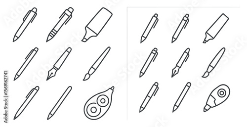 Set of pens and pencils are shown in a grid. The pens are lined up in rows, with some of them being different colors