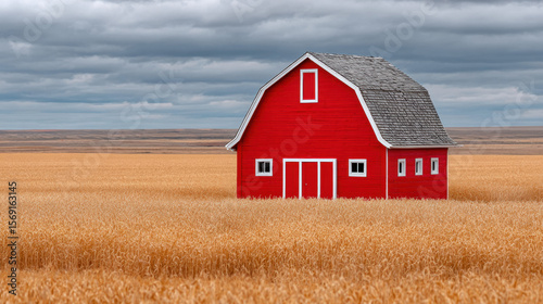 Vintage farm, Rustic red barn in open fields with high fidelity enhancement.
