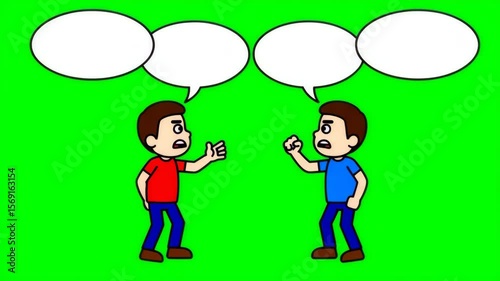 Two characters engage in a heated discussion on a vibrant green background showcasing emotional expression and communication dynamics